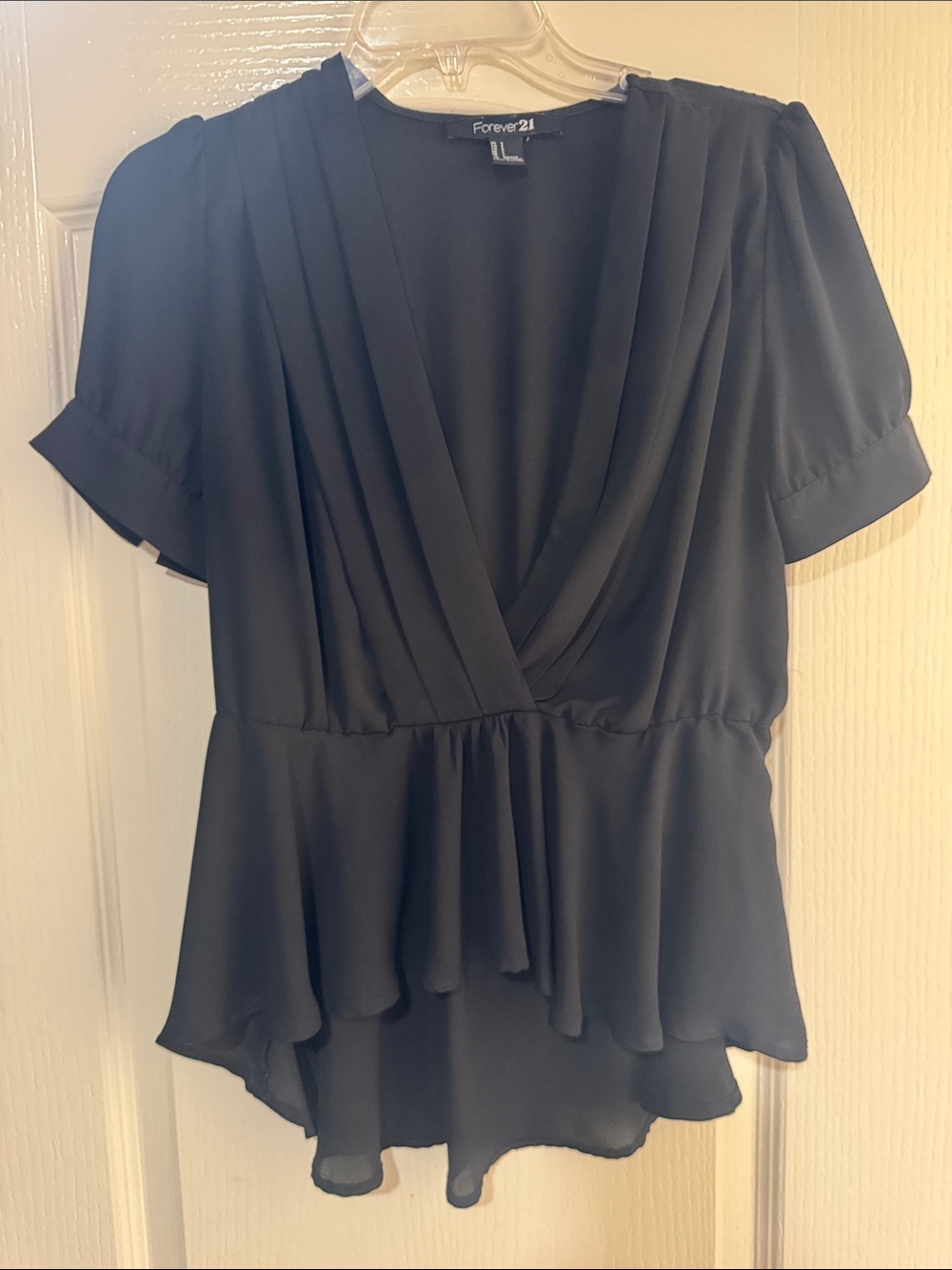 Forever 21 Black V-Neck Draped Peplum Blouse